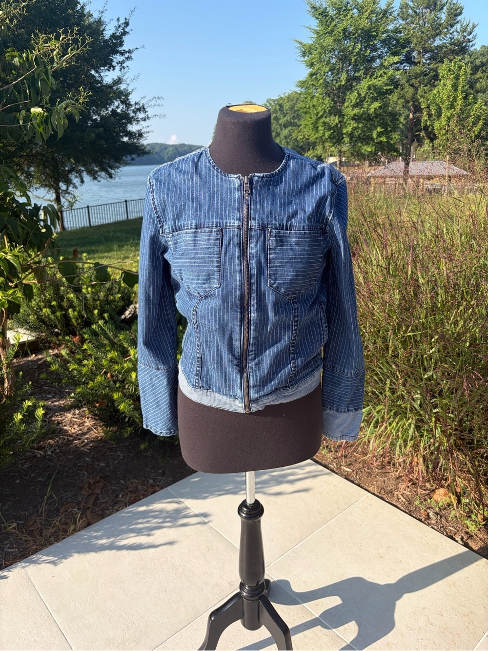 Armani Exchange Y2K Cropped Denim Moto Jacket Pinstripe Zip Front Fitted Large
